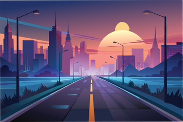 Poster - Stunning vector illustration of a city skyline at sunset with street lamps and colorful clouds reflecting on a wide road