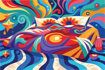Poster - Colorful vector illustration of a whimsical bedroom featuring a vibrant bedspread, decorative pillows, and swirling patterns reminiscent of a dreamy atmosphere