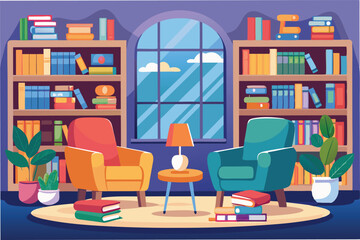 Aufkleber - Cozy reading nook with armchairs, bookshelves, and plants in a bright room with large window