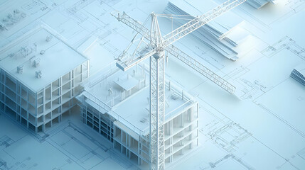 Poster - Isometric View of White Construction Site with Crane and Buildings