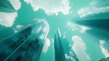 Poster - Low Angle View of Teal Skyscrapers Reaching Upward into a Cloudy Sky