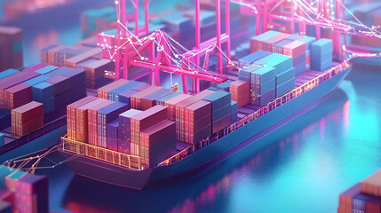 Poster - Low Poly Cargo Ship at Night Neon Port