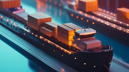 Poster - Low Poly Cargo Ship at Night with Glowing Lights