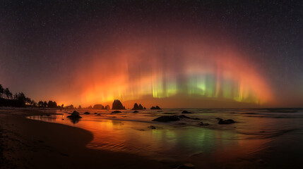Poster - Night scene of aurora borealis over a tranquil beach, reflecting in the calm ocean water, creating a mesmerizing, peaceful atmosphere