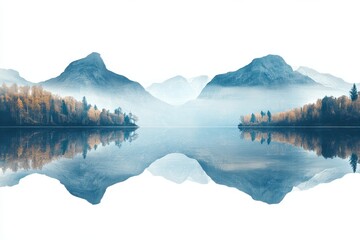 Poster - Mountain reflection in a tranquil lake during early morning with fog and golden trees framing the landscape