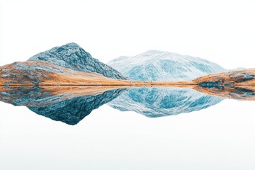 Poster - Mountain reflection in a tranquil lake during early morning with fog and golden trees framing the landscape