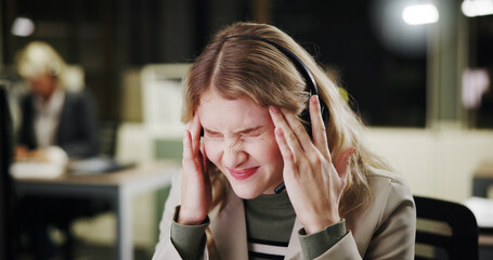 Aufkleber - Pain, stress or woman with headache in call center for sales deadline or customer service on break. Night, consultant and exhausted agent in telecom office with fatigue, migraine and burnout crisis