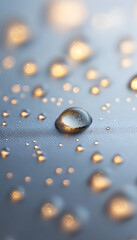Poster - Close-up of glistening water droplets on a smooth gray surface, fresh, shiny