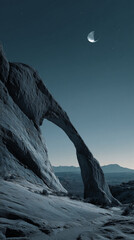 Poster - Stone arch under night sky, crescent moon visible, showcasing serene desert landscape at night, symbolizing tranquility and wonder