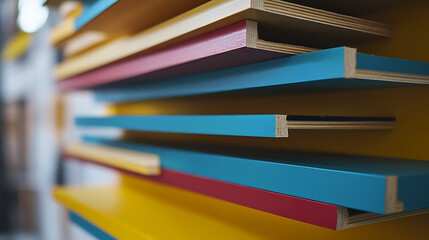 Poster - Colorful, painted wooden shelves and wall display offer geometric shapes and layered composition. Creative interior design, storage, and artistic space.