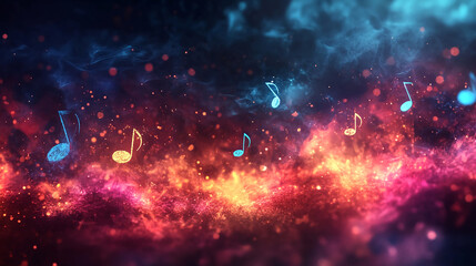 Poster - Music notes floating in a colorful nebula space background for music videos and presentation 99 chars