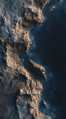 Aufkleber - Aerial view of rocky coastline, dark blue ocean meeting tan mountains, textured surface, evokes feeling of rugged beauty and adventure