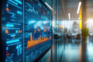 Leinwandbilder - Modern office displaying digital financial data and stock market trends during business hours with reflections of cityscape in the background