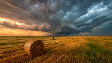 Poster - Dramatic sunset sky over golden hay field with hay bales, showcasing nature's power and beauty, evoking feelings of awe and tranquility