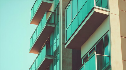 Poster - Modern Apartment Building with Teal Glass Balconies