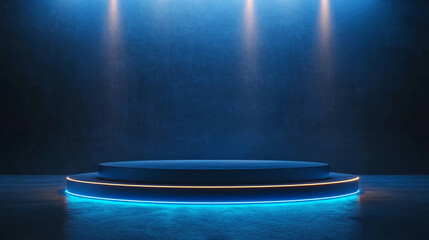 Poster - Blue neon podium stage background for product presentation and display with spotlight and modern design
