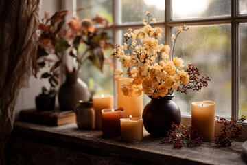 Poster - Autumnal still life: candles, flowers in vase, window background, creating cozy, warm ambiance, ideal for fall or home decor concepts