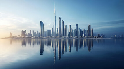 Poster - Modern City Skyline Reflected in Calm Water at Sunrise