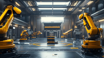 Poster - Modern Factory Interior with Yellow Robots and Automated Production Line