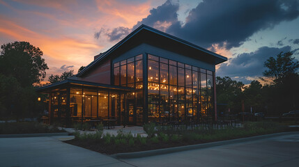 Poster - Modern Glass and Brick Building at Sunset