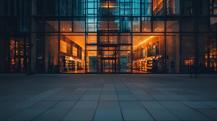 Poster - Modern Glass Building Entrance at Night