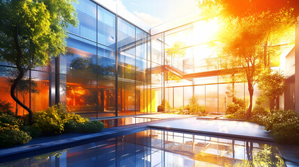 Poster - Modern Glass Building with Courtyard Garden and Reflecting Pool at Sunset