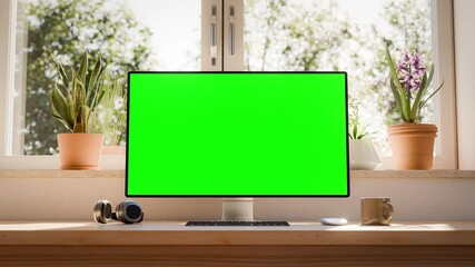 Poster - A modern computer monitor with a green screen dynamic smooth zoom out animation, set in a bright, plant-decorated room, perfect for chroma key use and editing purposes. Last 120 frames are looped.