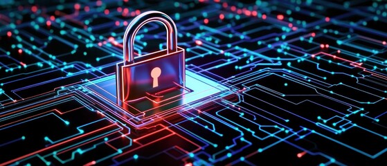 Poster - cybersecurity lock on circuit board abstract