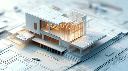 Aufkleber - Modern House Architectural Model with Blueprint