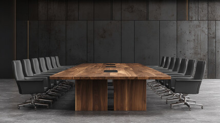 Aufkleber - Long wooden conference table with black leather chairs against a dark wall, showcasing a modern business meeting scene, ideal for corporate presentations