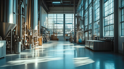 Aufkleber - Modern Industrial Factory Interior with Steel Equipment and Bright Sunlight