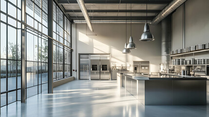 Poster - Modern Industrial Kitchen Interior with Stainless Steel Appliances and Large Windows