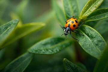 Poster - Close-up of orange ladybug on green leaf with water droplets, showcasing natural detail and vibrant color, symbolizing nature, life, and spring freshness