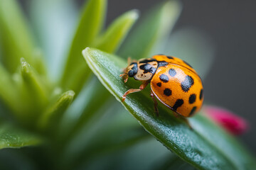 Poster - Close-up of orange ladybug with black spots on green leaf, showcasing intricate detail and natural beauty, representing nature's delicate artistry and vibrant life