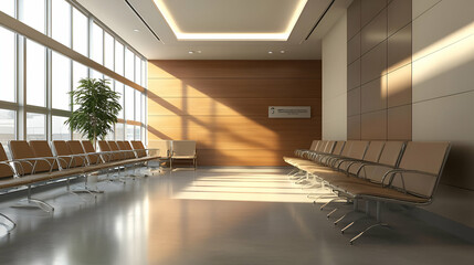 Poster - Modern Minimalist Waiting Room with Sunlight Streaming Through Large Windows