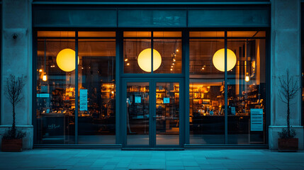 Poster - Modern Storefront at Night with Warm Interior Lighting