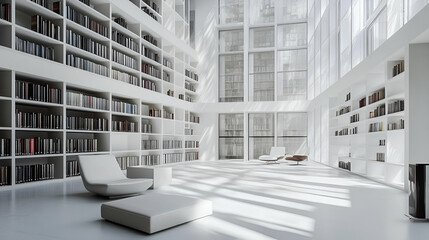 Poster - Modern White Library Interior with Sunlight Streaming Through Large Windows