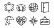© Galina - Line style icons of visual symbols of inclusion: circle of belonging icon, bridge between differences, mosaic of identities badge, door open for all, umbrella of care tag, heart with diversity hands,