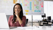 © fizkes - Confident and optimistic. Portrait happy successful young businesswoman scrum master project manager sitting at desk in agile office look at camera laugh at funny moment in work planning. Copy space