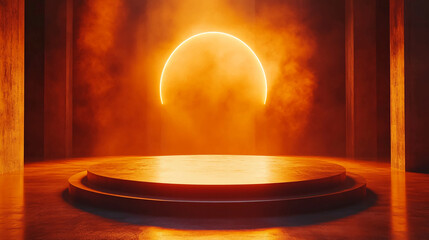 Poster - Orange stage background with light circle and smoke for product showcase and presentation display design