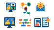 © Galina - Isometric flat vector icons of Remote Team Collaboration: online team workshop, group mind map tool, collaboration inbox, remote training session, shared project timeline, task reassignment icon,
