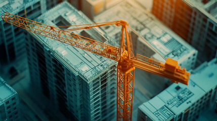 Poster - Orange Crane Over Miniature City Under Construction