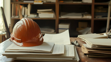 Poster - Orange Hard Hat on a Desk with Documents and Blueprints