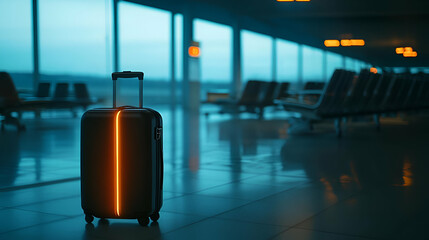 Poster - Orange Illuminated Suitcase in a Dark Airport Terminal