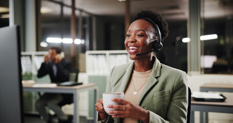 Aufkleber - Coffee, woman or laughing for customer service help, sales consulting or loan advice in night. Call center, coworking or happy financial advisor on computer with tea for feedback or banking limit