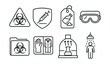 © Александр Михайлюк - Line style icons of lab safety and biohazards: hazard sign icon, sharps disposal badge, spill cleanup tag, goggles board, biosample storage file, gloves and lab coat chart, chemical hood bubble,