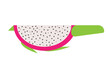 © Monika Jurczyk - Minimalist dragon fruit slice illustration with pink skin, white flesh, and black seeds, isolated on white background. Perfect for tropical, healthy food, and modern design themes.