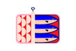 © Monika Jurczyk - Fun can of sardines illustration in modern minimalist design. Pink tin with red geometric pattern on left and three fish on blue and red background. Ideal for food-themed designs, labels or menus. PNG