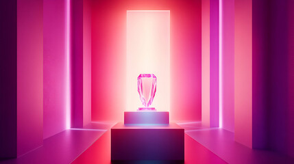 Poster - Pink And Purple Neon Geometric Room With Glowing Heart Shaped Object