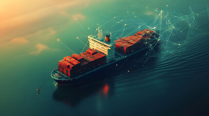 Poster - Pixelized Container Ship Sailing on Teal Ocean at Sunset